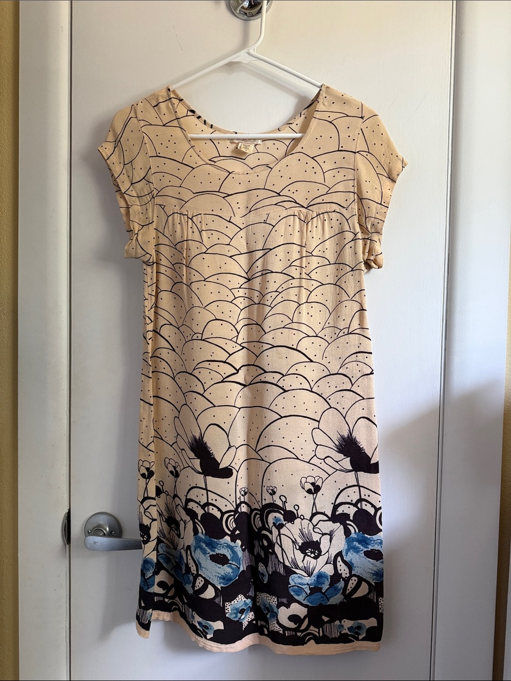 Lux from anthropology. Beige Midi Dress with Navy Floral Border and Blue Accents